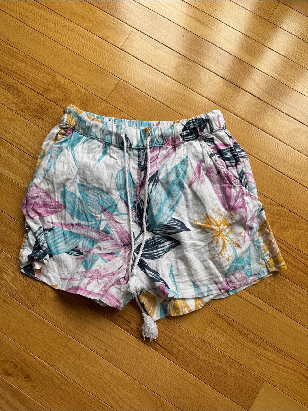 Women’s Floral Drawstring Shorts - White with Teal, Pink & Yellow